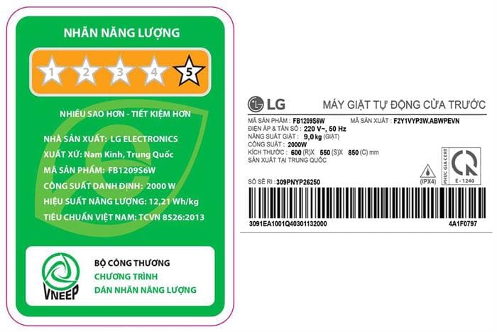 Máy giặt LG Inverter 9 kg FB1209S6W