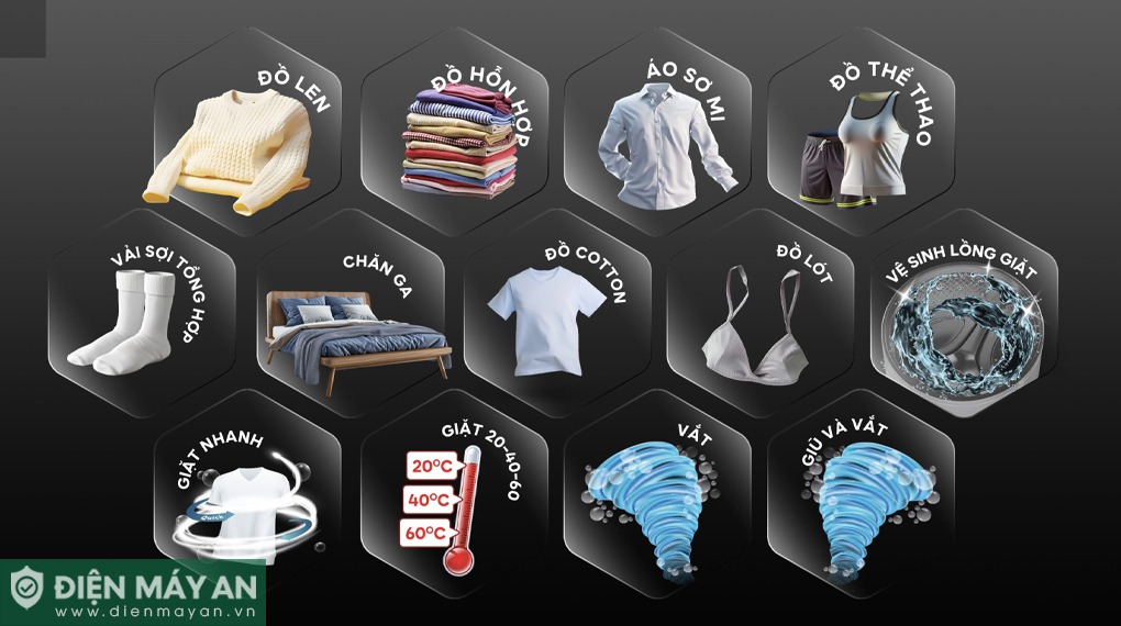Thiết bị được trang bị đến 16 chương trình giặt khác nhau phù hợp với nhiều nhu cầu giặt
