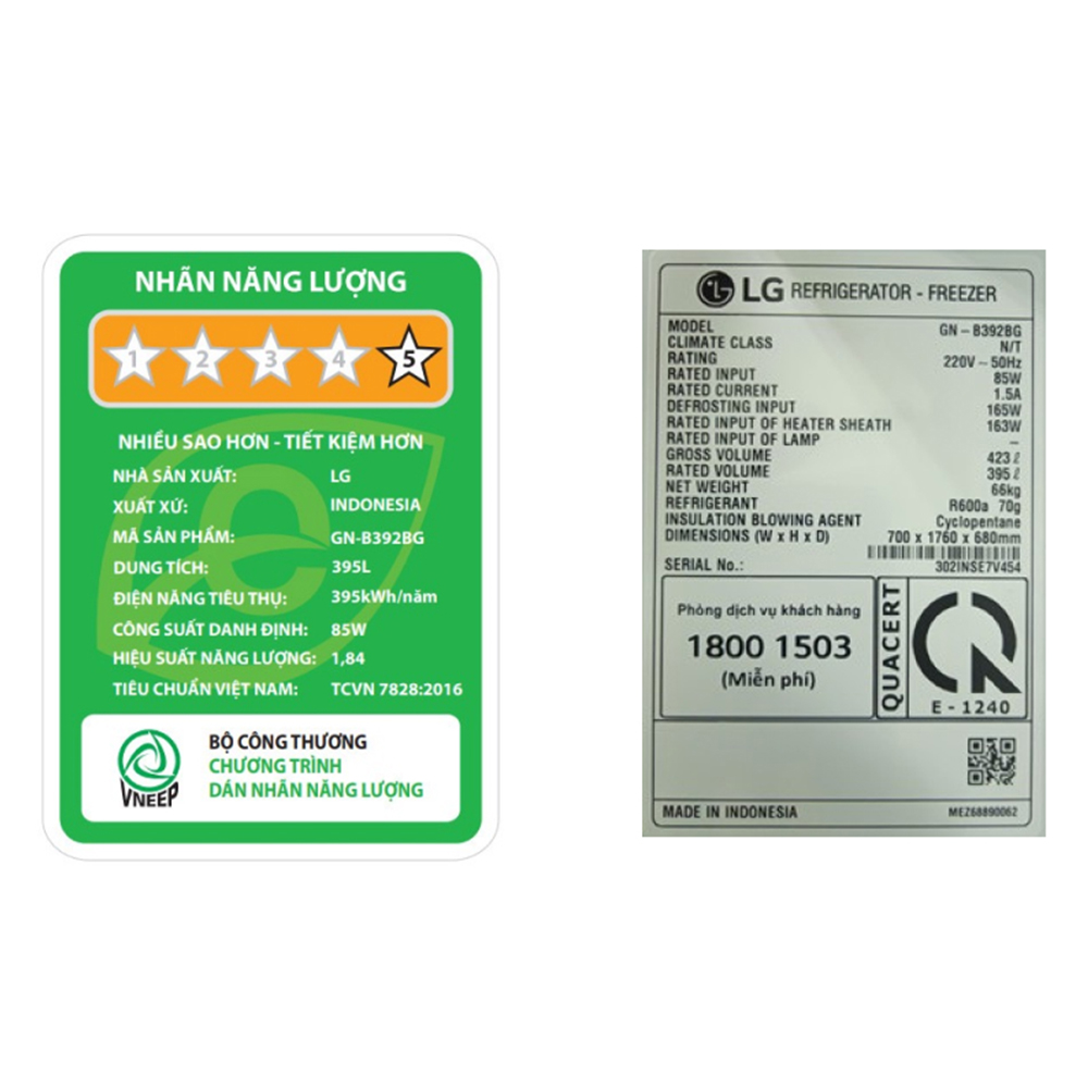 Tủ Lạnh LG Inverter 395 Lít GN-B392BG
