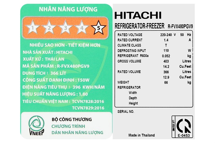 Tủ Lạnh Hitachi Inverter 366 Lít R-FVX480PGV9 MIR